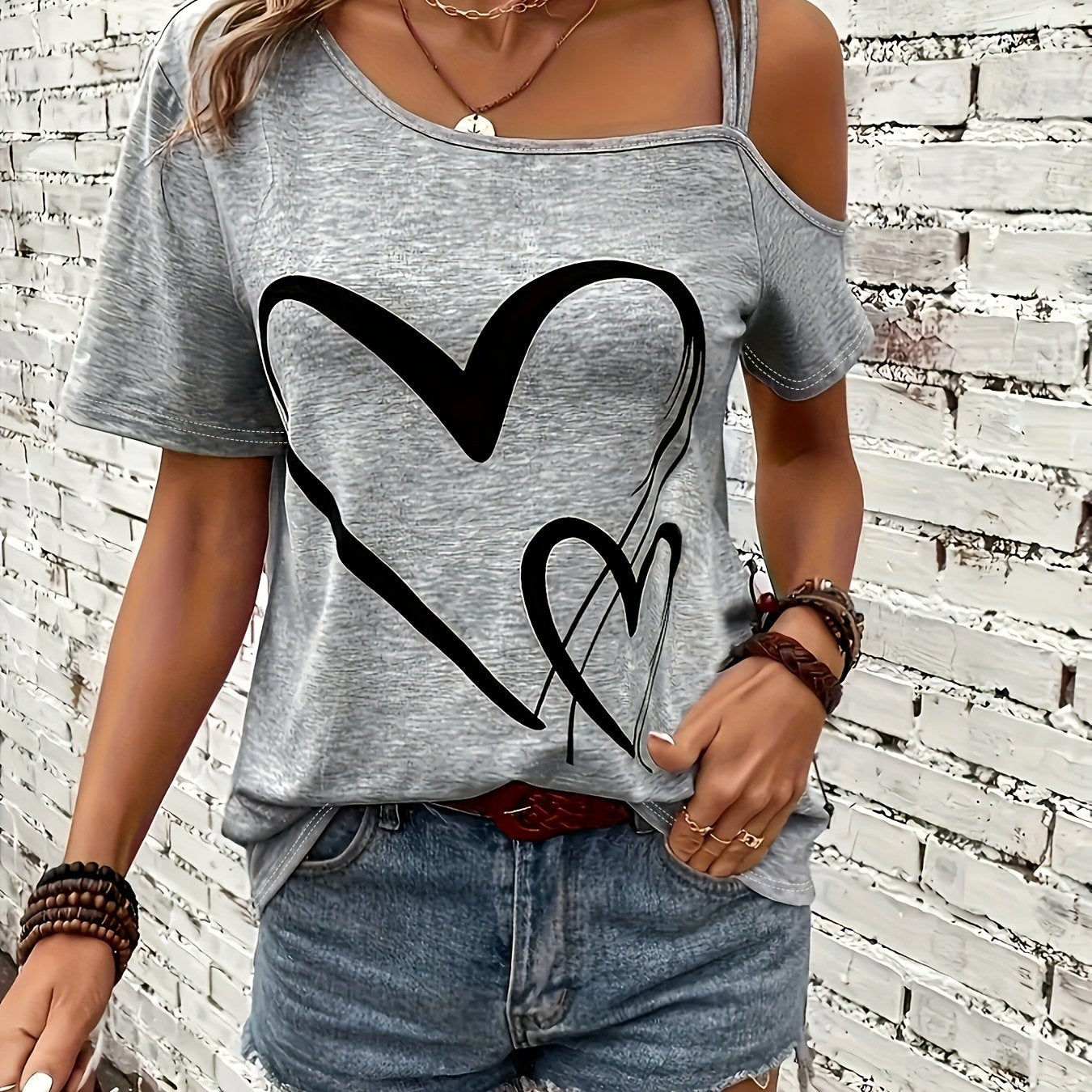Gray Heart Tee Stylish Off-Shoulder Short Sleeve T-Shirt | Heart Design, Casual Gray Tee, Asymmetrical Neckline, Perfect for All Seasons