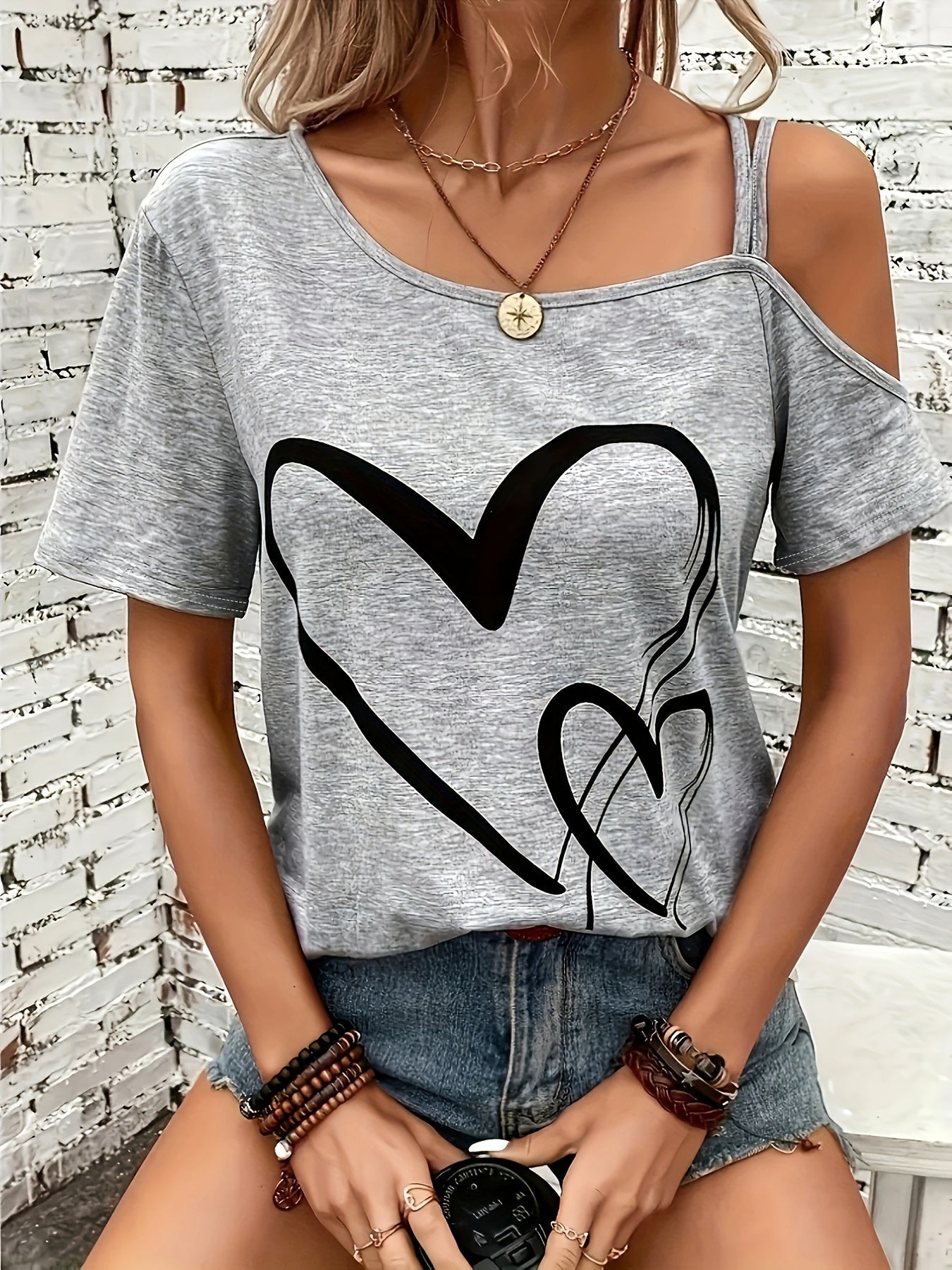 Gray Heart Tee Stylish Off-Shoulder Short Sleeve T-Shirt | Heart Design, Casual Gray Tee, Asymmetrical Neckline, Perfect for All Seasons