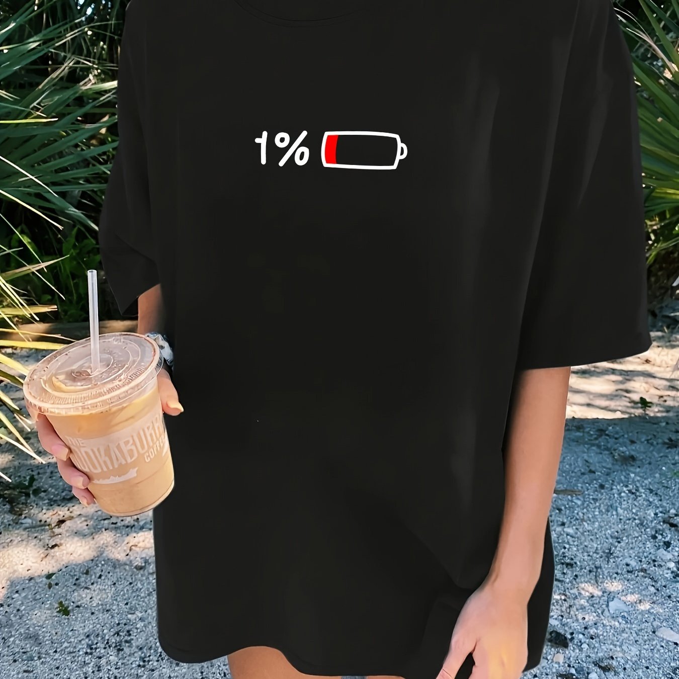 Short Sleeve Battery Print Crew Neck T-shirt, Casual Top for Summer & Spring, Women's Clothing