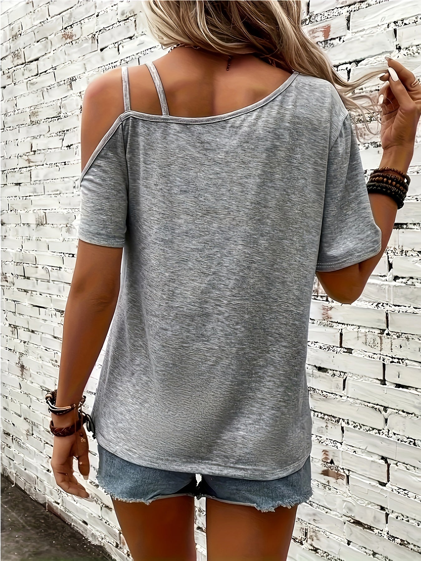 Gray Heart Tee Stylish Off-Shoulder Short Sleeve T-Shirt | Heart Design, Casual Gray Tee, Asymmetrical Neckline, Perfect for All Seasons