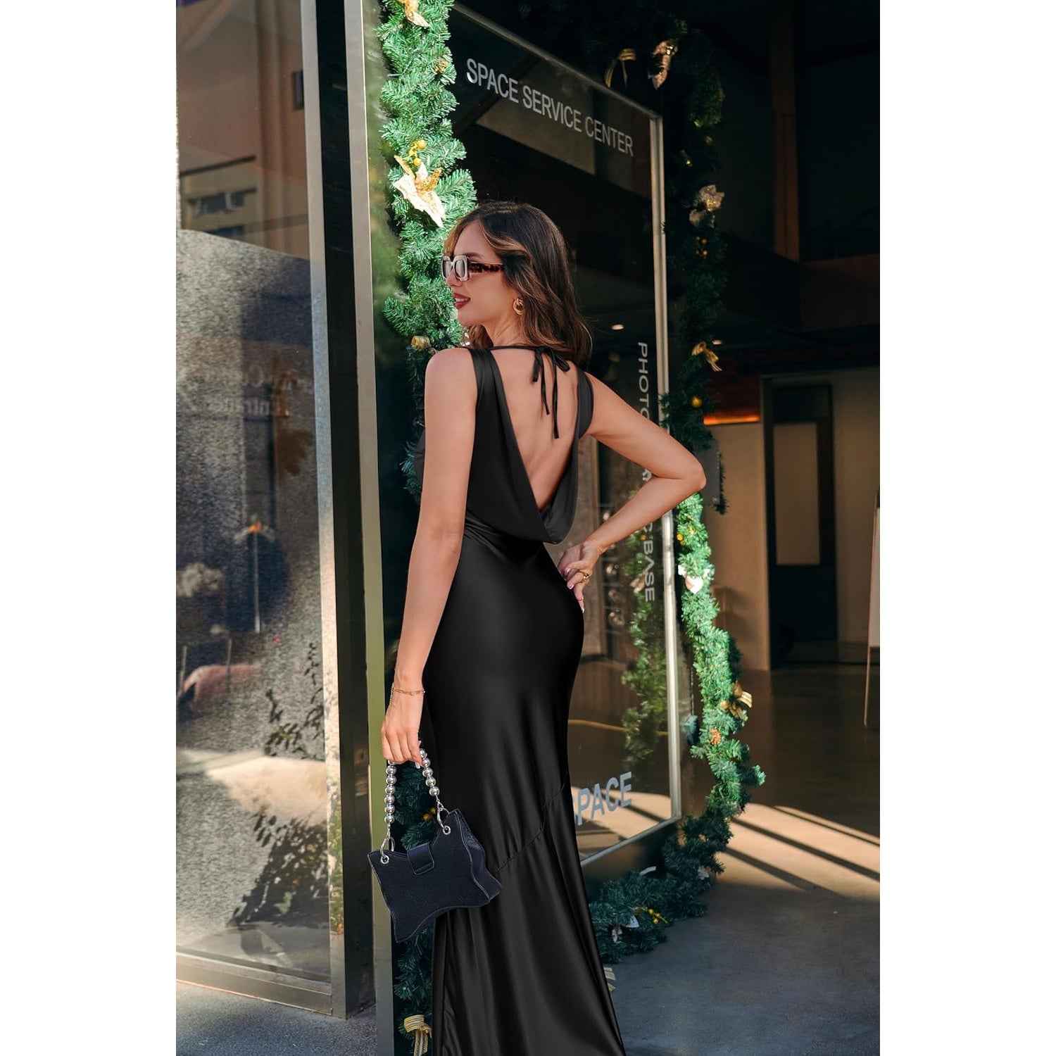 Memoriesea Women'S Satin Elegant Sleeveless High Neck Tie Cocktail Party Maxi Dress