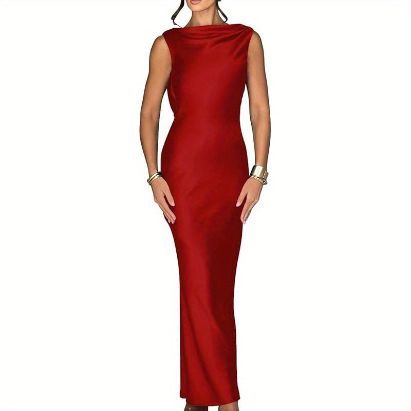 Memoriesea Women'S Satin Elegant Sleeveless High Neck Tie Cocktail Party Maxi Dress