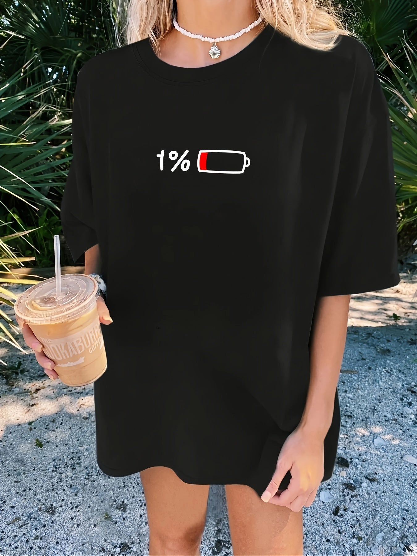 Short Sleeve Battery Print Crew Neck T-shirt, Casual Top for Summer & Spring, Women's Clothing