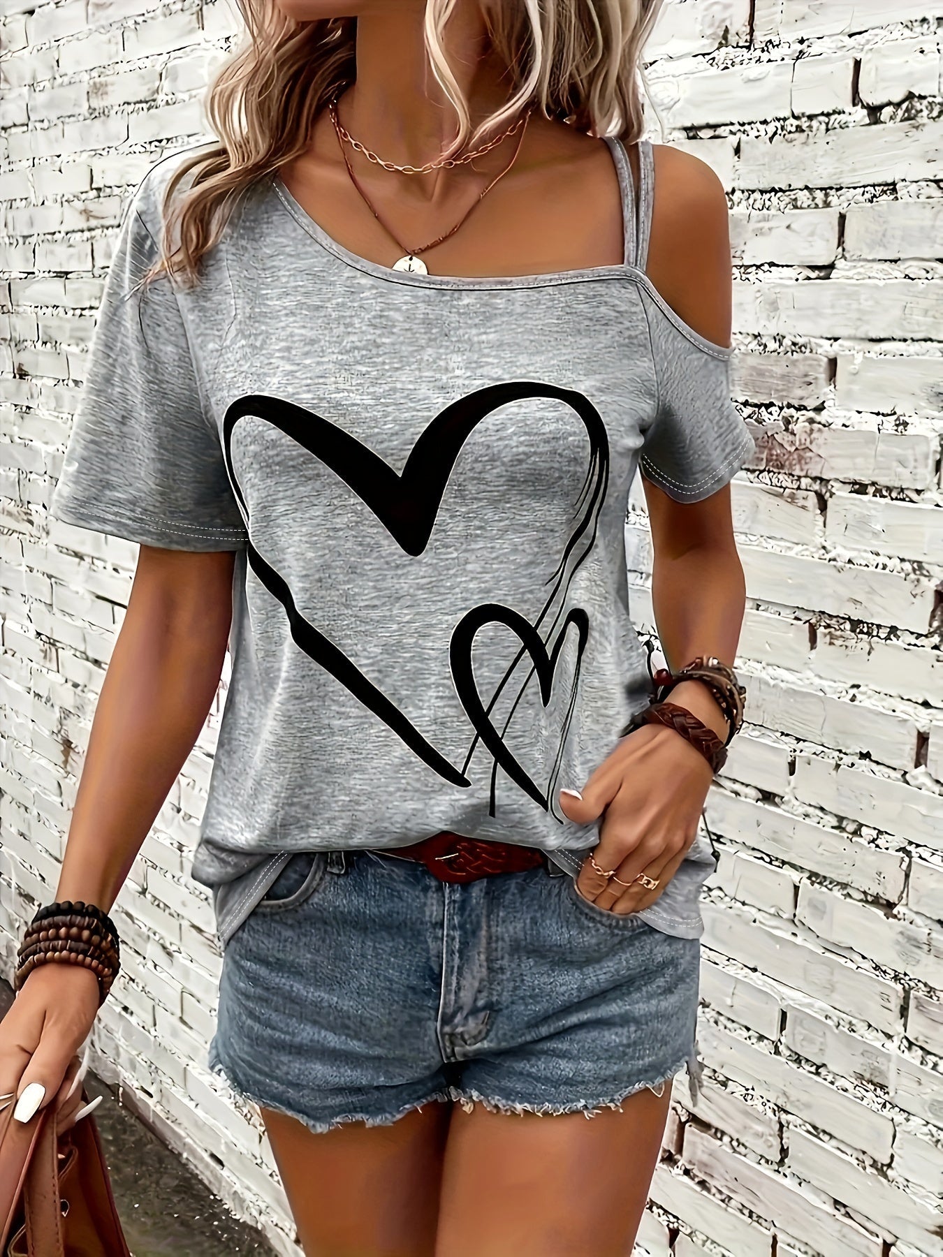 Gray Heart Tee Stylish Off-Shoulder Short Sleeve T-Shirt | Heart Design, Casual Gray Tee, Asymmetrical Neckline, Perfect for All Seasons