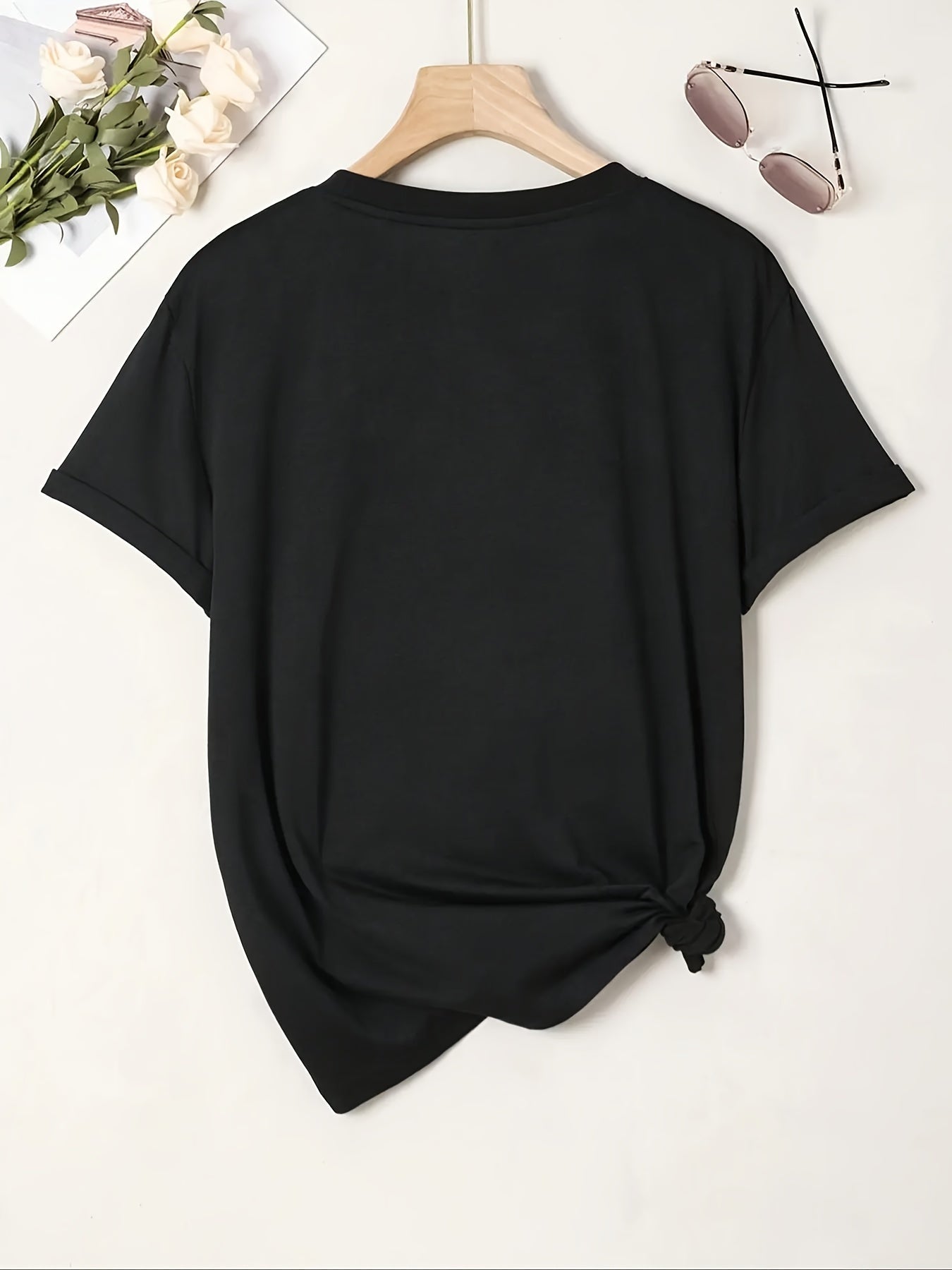 Short Sleeve Battery Print Crew Neck T-shirt, Casual Top for Summer & Spring, Women's Clothing