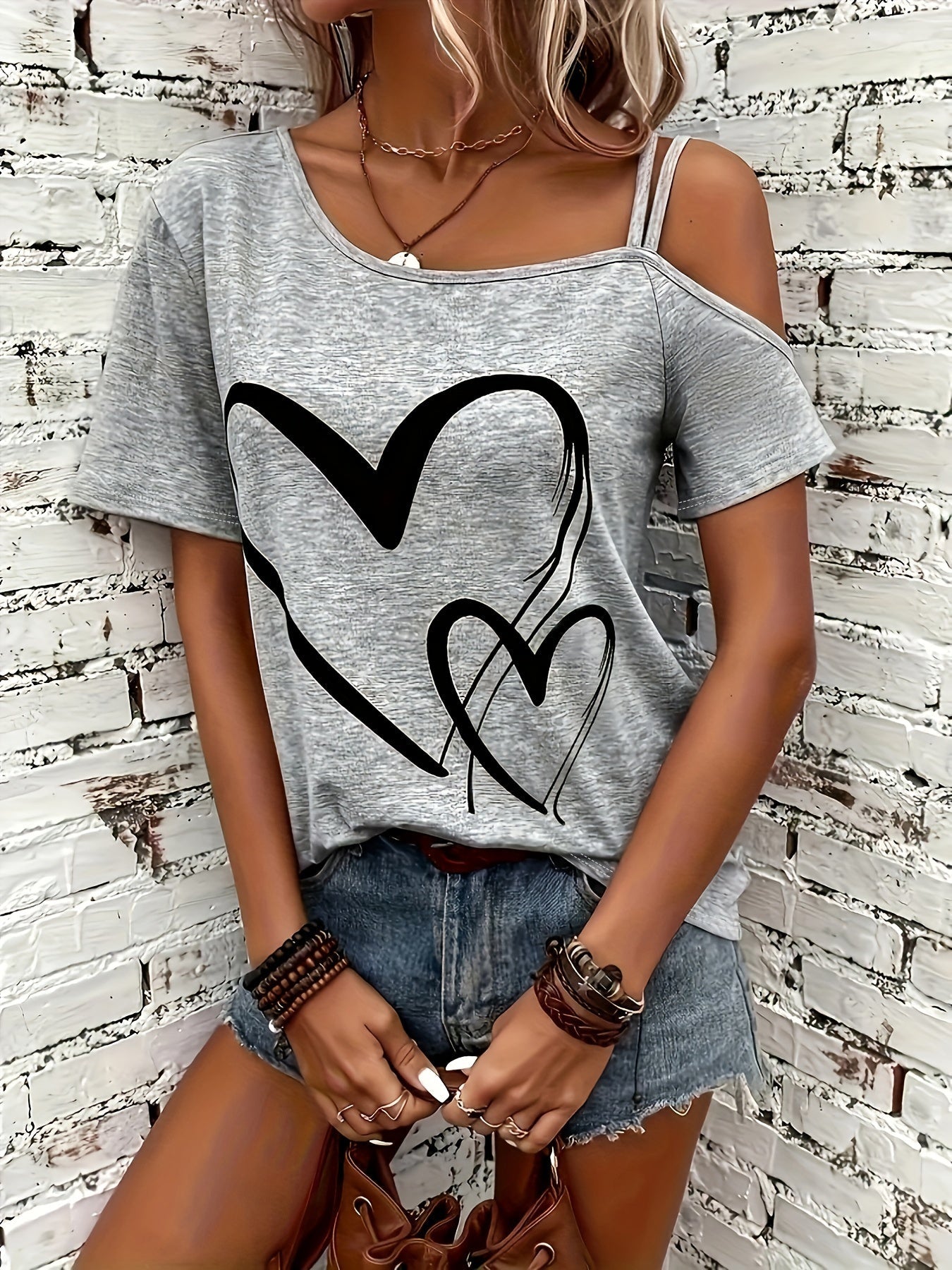 Gray Heart Tee Stylish Off-Shoulder Short Sleeve T-Shirt | Heart Design, Casual Gray Tee, Asymmetrical Neckline, Perfect for All Seasons
