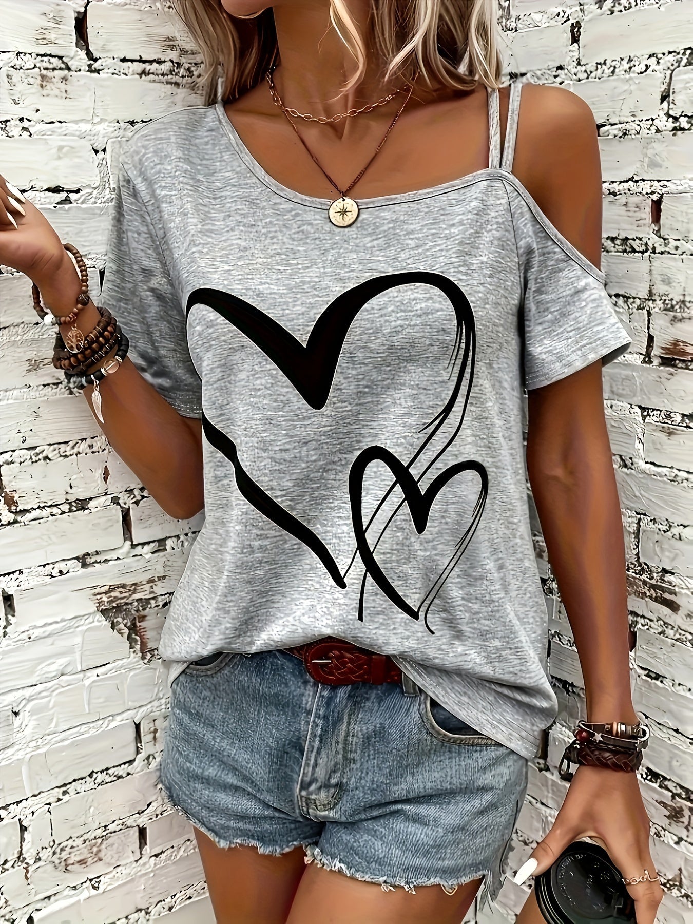 Gray Heart Tee Stylish Off-Shoulder Short Sleeve T-Shirt | Heart Design, Casual Gray Tee, Asymmetrical Neckline, Perfect for All Seasons